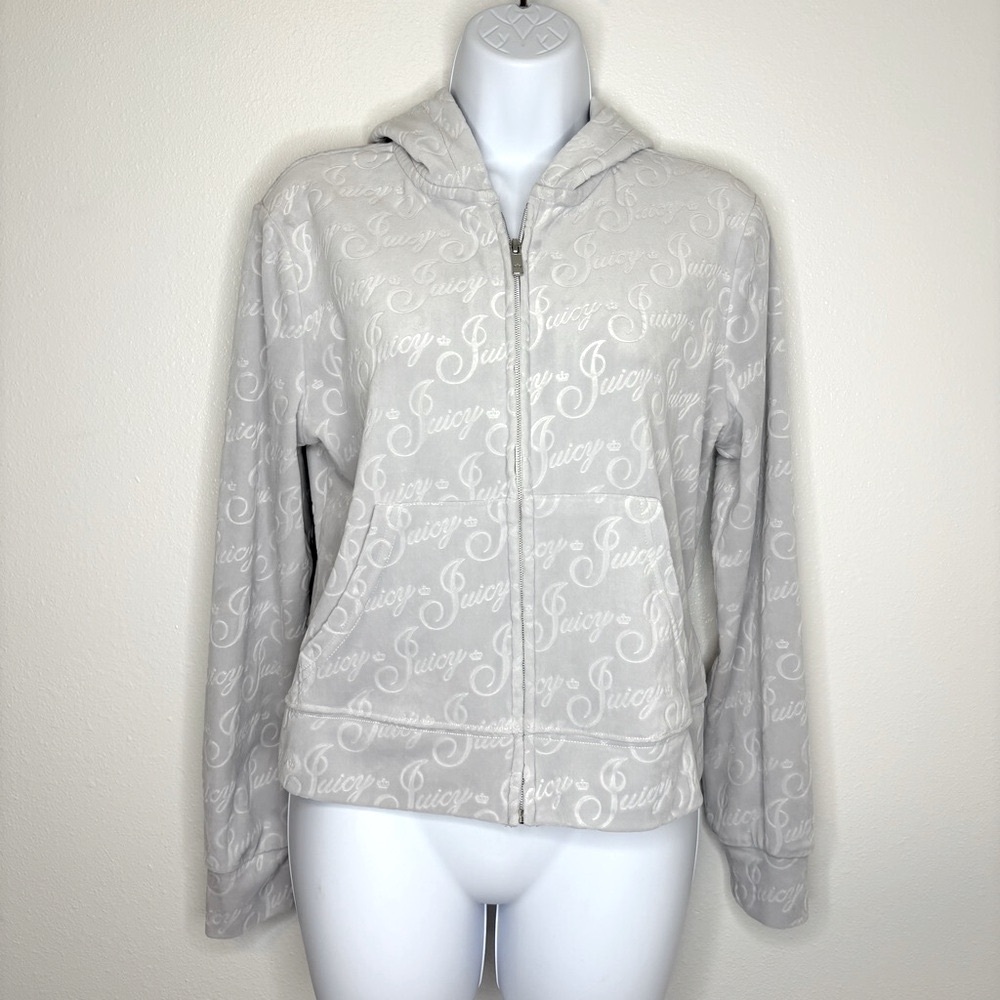 Juicy Couture Full Zip Grey Velour Jacket All Over Juicy&Crown Logo Y2K SzM
